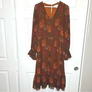 Gibson Latimer Floral Print Long Sleeve Midi‎ Dress Brown Orange Size Unknown
